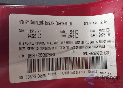 2006 Dodge Stratus Sxt z USA, uszkodzony, nr VIN 1B3EL46X56N175009